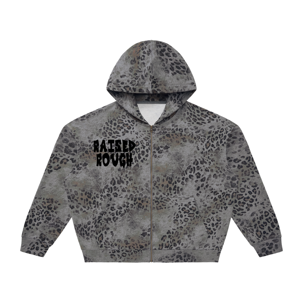 Raised Rough Logo hoodieUnisex Vintage Wash Leopard Full Zip Hoodie