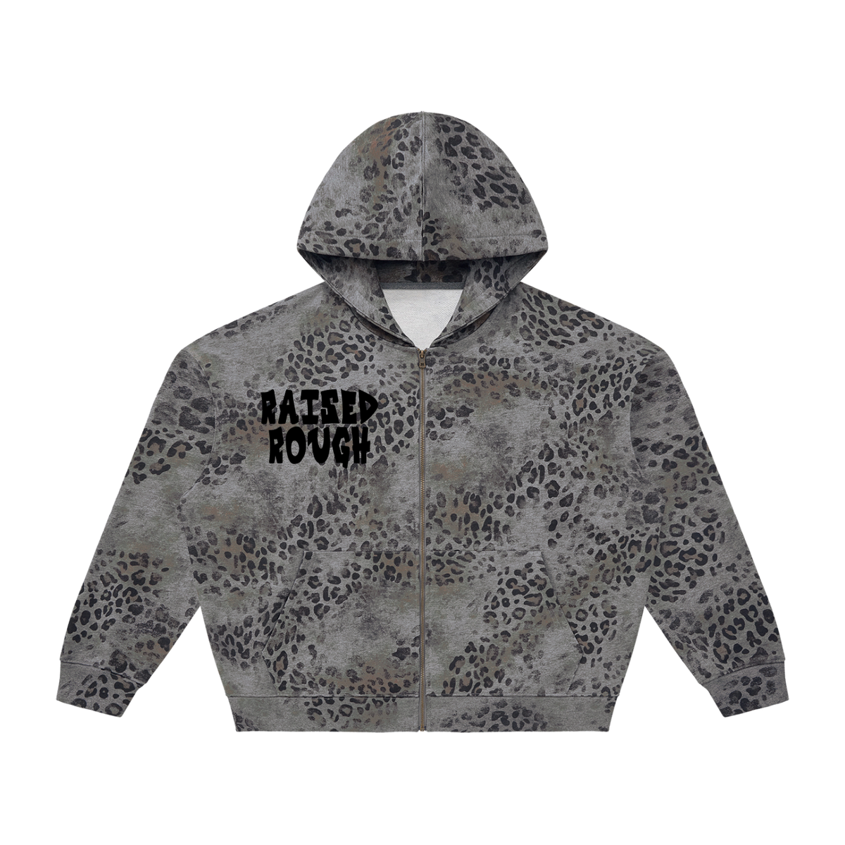 Raised Rough Logo hoodieUnisex Vintage Wash Leopard Full Zip Hoodie