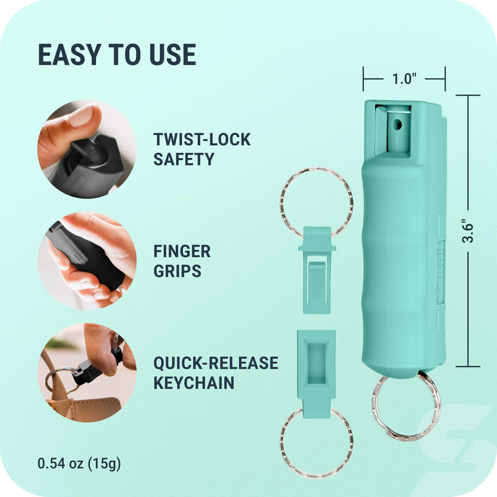 Sabre Pepper Spray with Quick Release Keychain for Self Defense – Maximum Police Strength OC Spray with UV Marking Dye, Twist Lock Safety, Finger Grip, 10‑Second Spray, 14‑ft Range, Made in USA