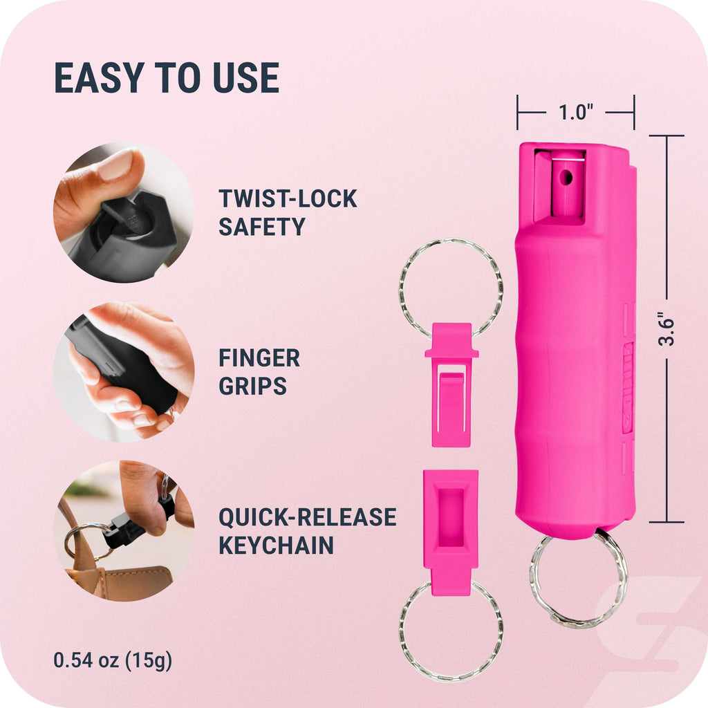 Sabre Pepper Spray with Quick Release Keychain for Self Defense – Maximum Police Strength OC Spray with UV Marking Dye, Twist Lock Safety, Finger Grip, 10‑Second Spray, 14‑ft Range, Made in USA