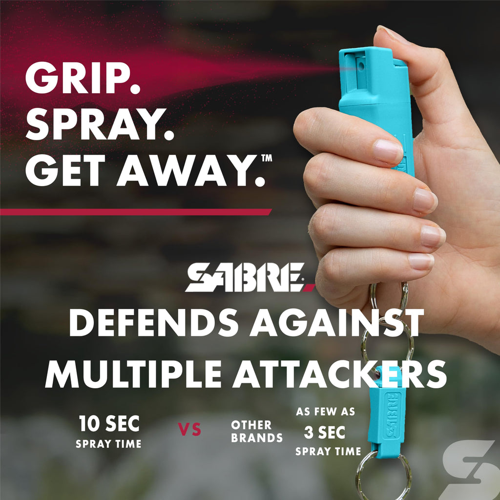 Sabre Pepper Spray with Quick Release Keychain for Self Defense – Maximum Police Strength OC Spray with UV Marking Dye, Twist Lock Safety, Finger Grip, 10‑Second Spray, 14‑ft Range, Made in USA