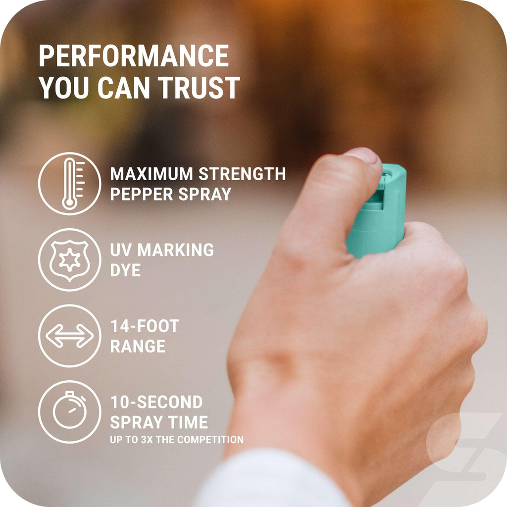 Sabre Pepper Spray with Quick Release Keychain for Self Defense – Maximum Police Strength OC Spray with UV Marking Dye, Twist Lock Safety, Finger Grip, 10‑Second Spray, 14‑ft Range, Made in USA